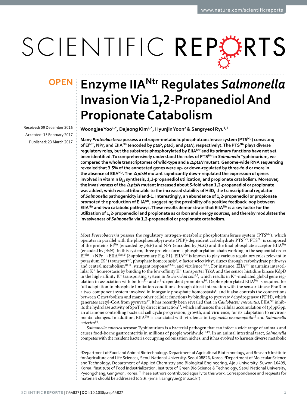 Enzyme Iiantr Regulates Salmonella Invasion Via 1,2-Propanediol And