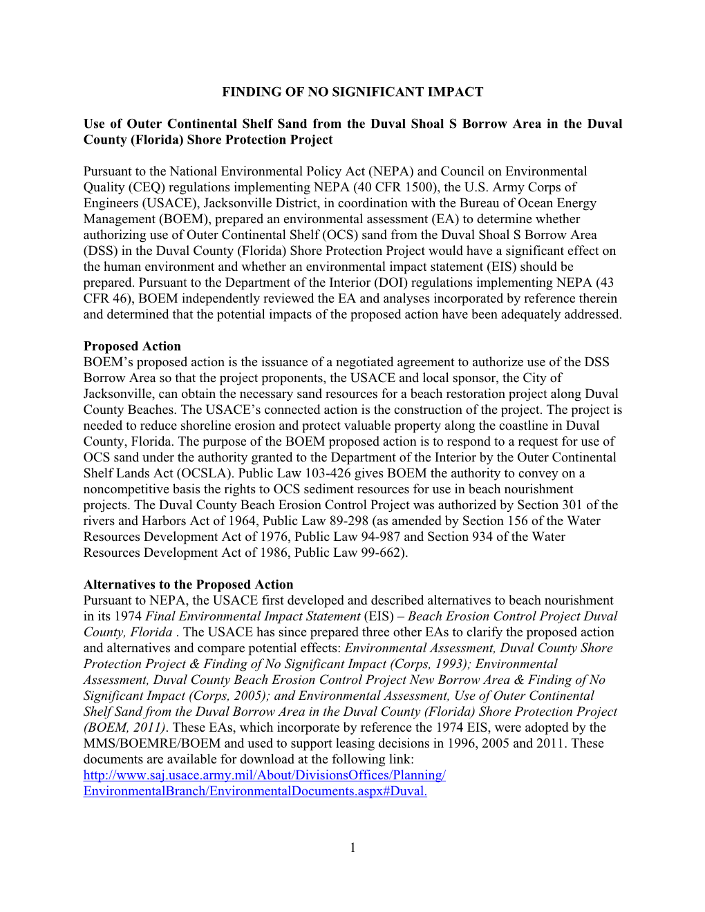 1 FINDING of NO SIGNIFICANT IMPACT Use of Outer Continental