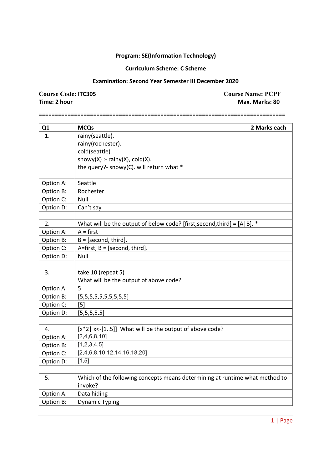 C Scheme Examination: Second Year Semester III December 2020 Course Code: ITC305 Course Name: PCPF Time: 2 Hour Max