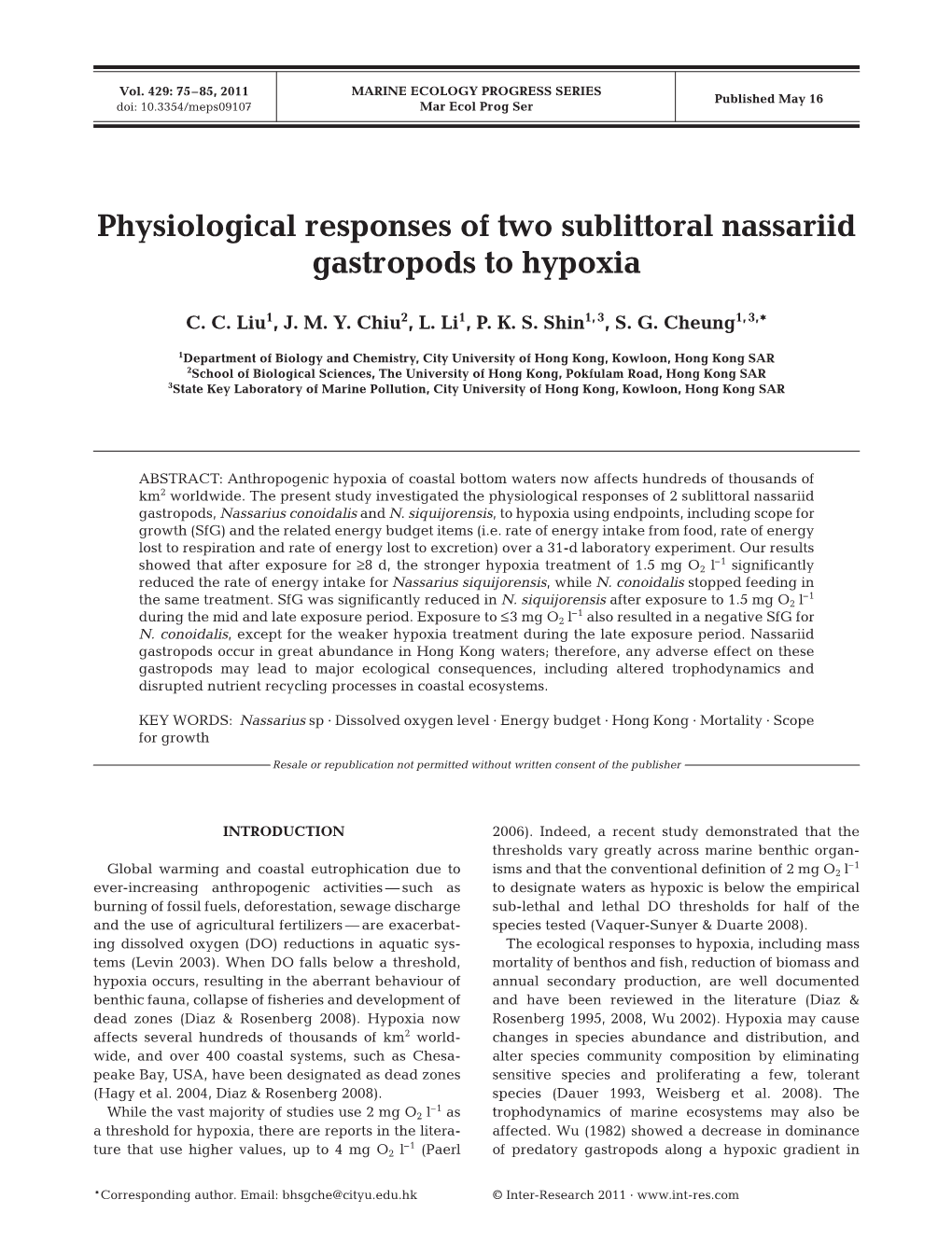 Physiological Responses of Two Sublittoral Nassariid Gastropods to Hypoxia
