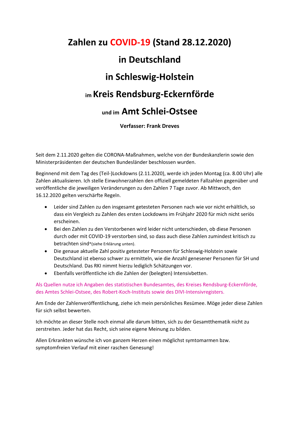 Zahlen Zu COVID-19 (Stand 28.12.2020) in Deutschland in Schleswig-Holstein