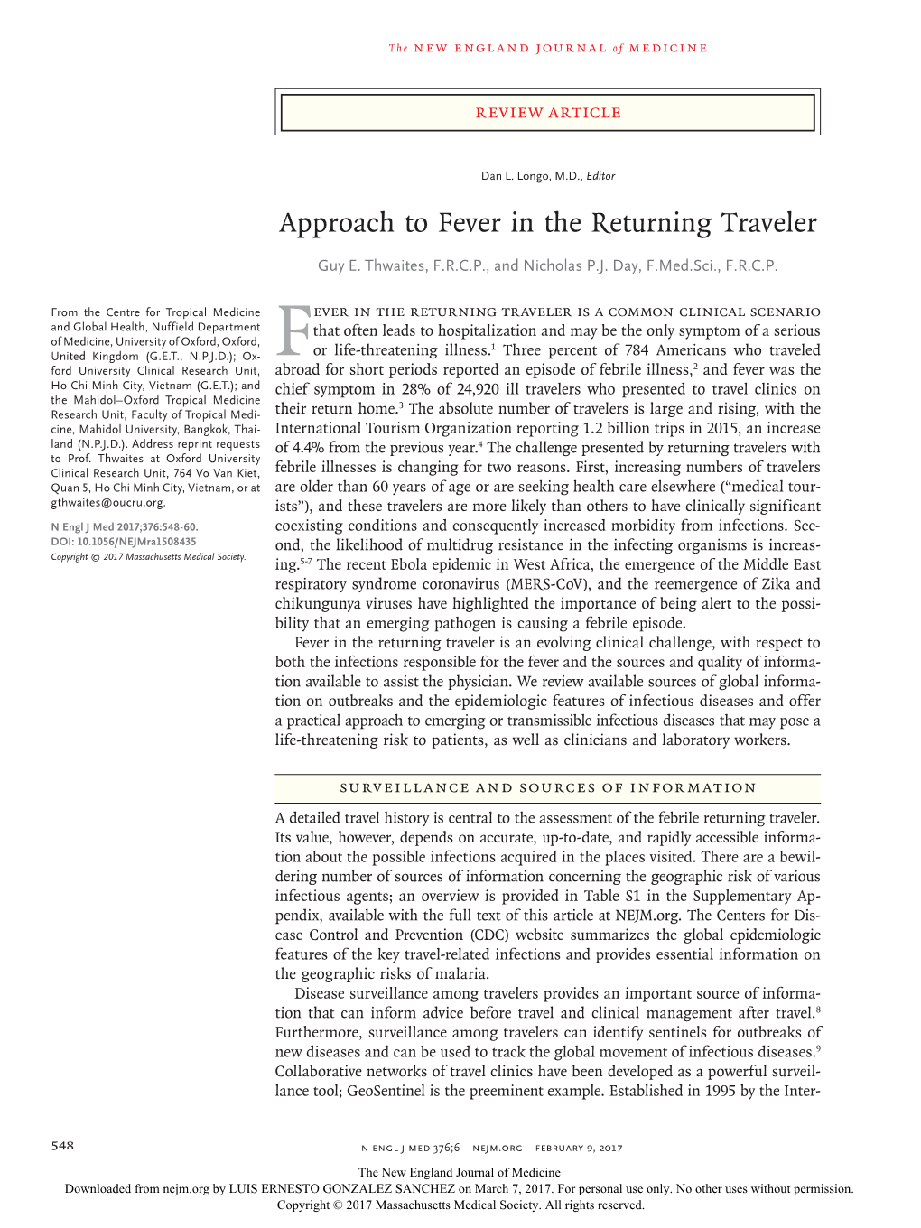 Approach to Fever in the Returning Traveler