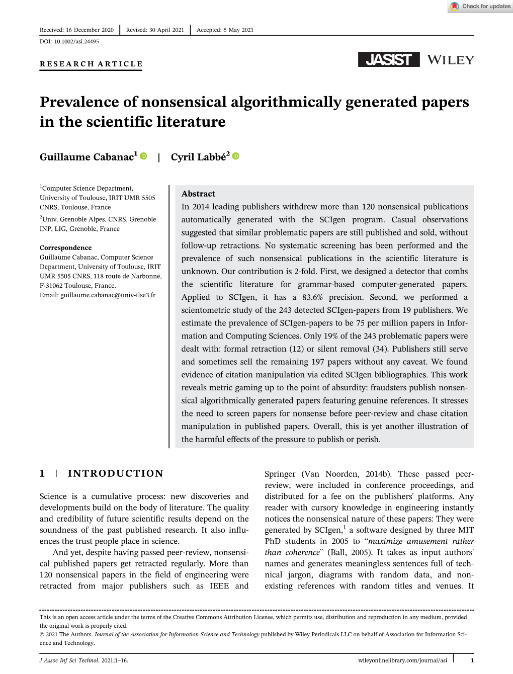 Prevalence of Nonsensical Algorithmically Generated Papers in the Scientific Literature