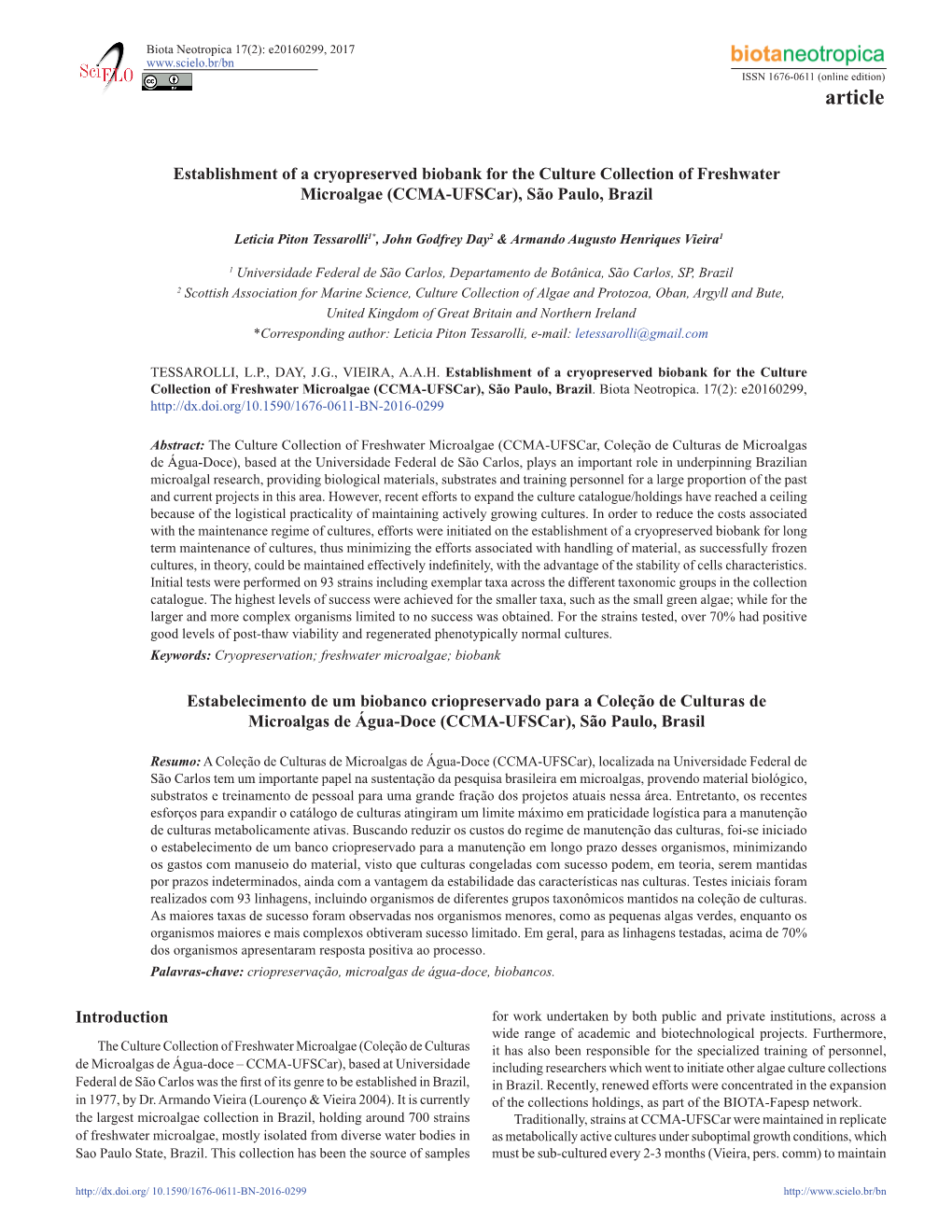 Establishment of a Cryopreserved Biobank for the Culture Collection of Freshwater Microalgae (CCMA-Ufscar), São Paulo, Brazil