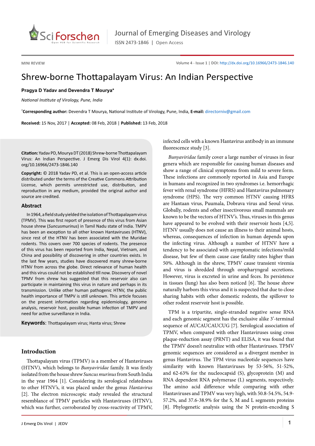 Shrew-Borne Thottapalayam Virus: an Indian Perspective