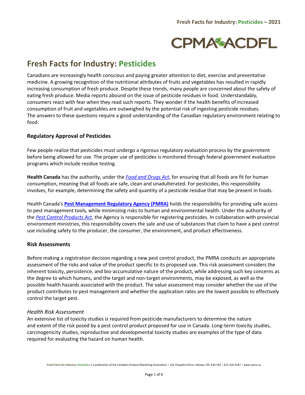 CPMA Fresh Facts for Industry: Pesticides