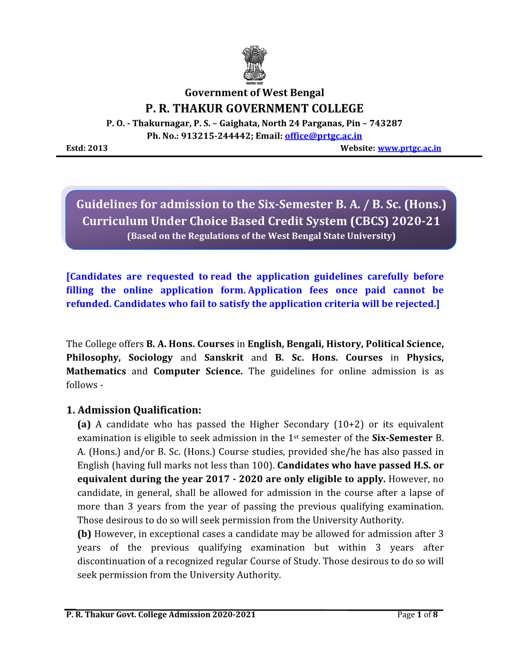 P. R. THAKUR GOVERNMENT COLLEGE Guidelines for Admission
