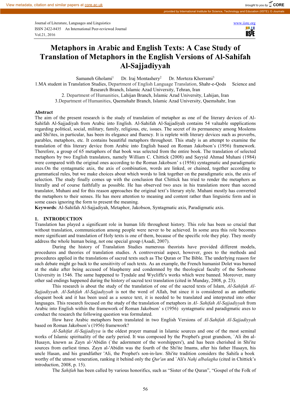 Metaphors in Arabic and English Texts: a Case Study of Translation of Metaphors in the English Versions of Al-Sahifah Al-Sajjadiyyah