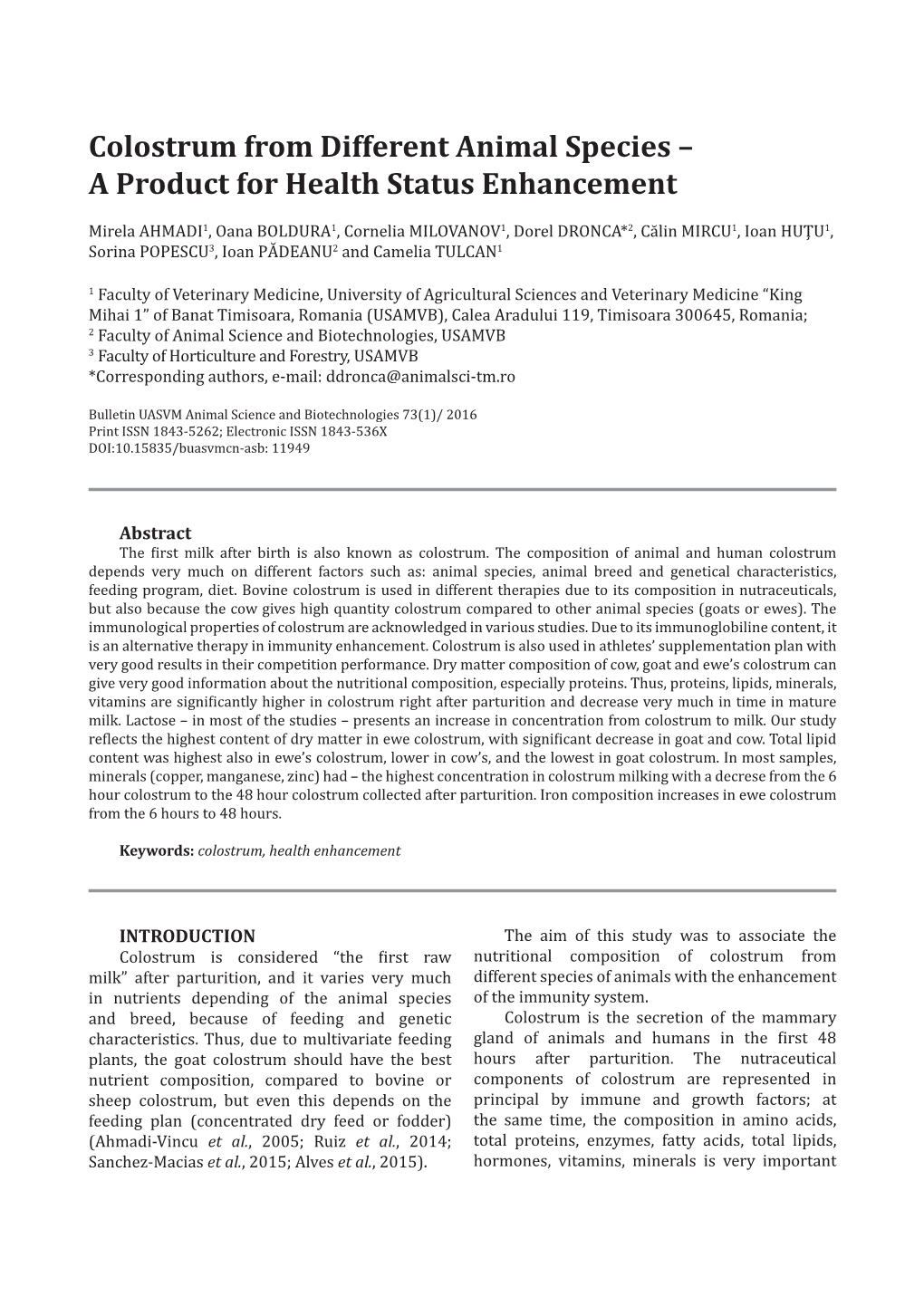 Colostrum from Different Animal Species – a Product for Health Status Enhancement