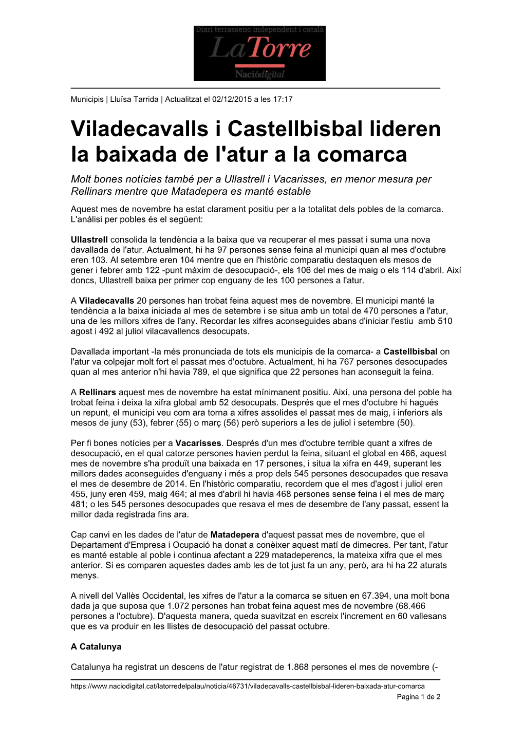 Viladecavalls I Castellbisbal Lideren La Baixada De L'atur a La Comarca