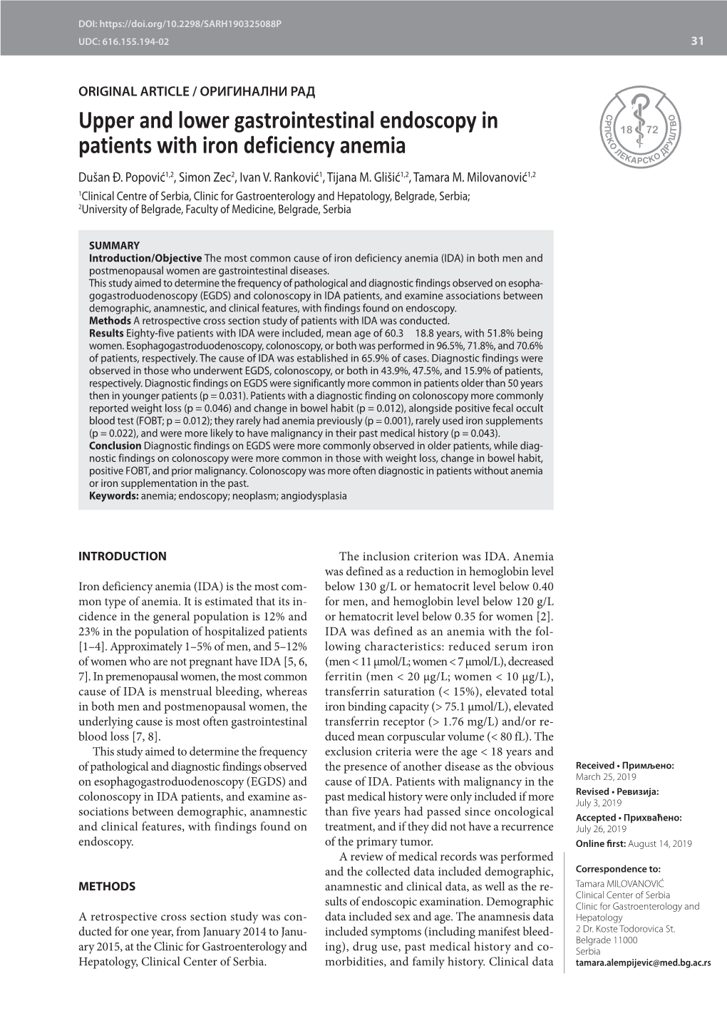 Upper and Lower Gastrointestinal Endoscopy in Patients with Iron Deficiency Anemia Dušan Đ