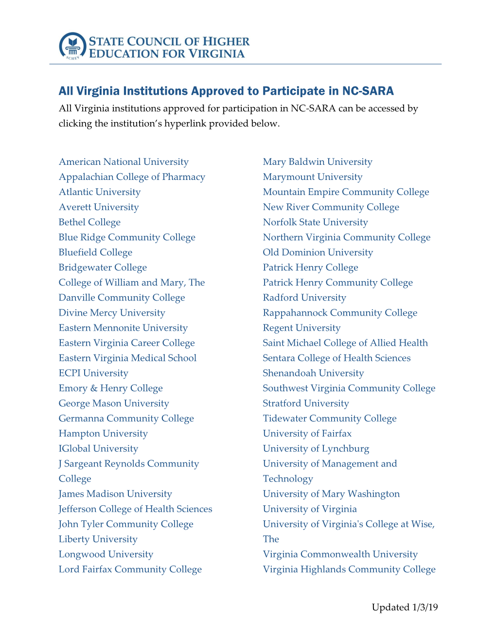 Virginia Institutions Approved to Participate in NC-SARA