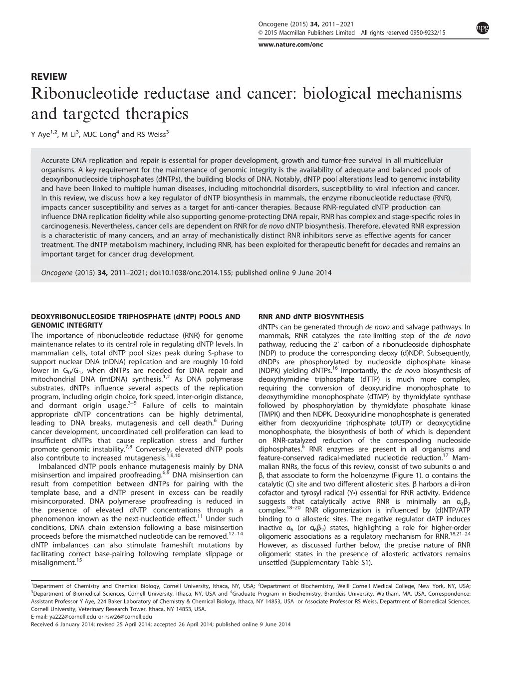 Ribonucleotide Reductase and Cancer: Biological Mechanisms and Targeted Therapies