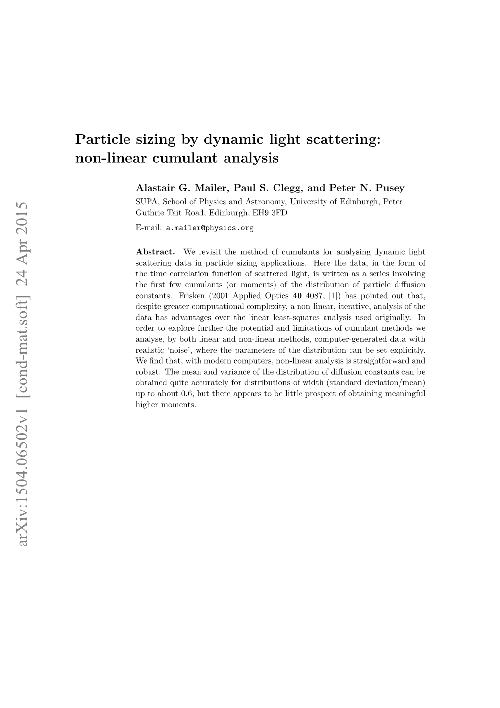 Particle Sizing by Dynamic Light Scattering: Non-Linear Cumulant Analysis