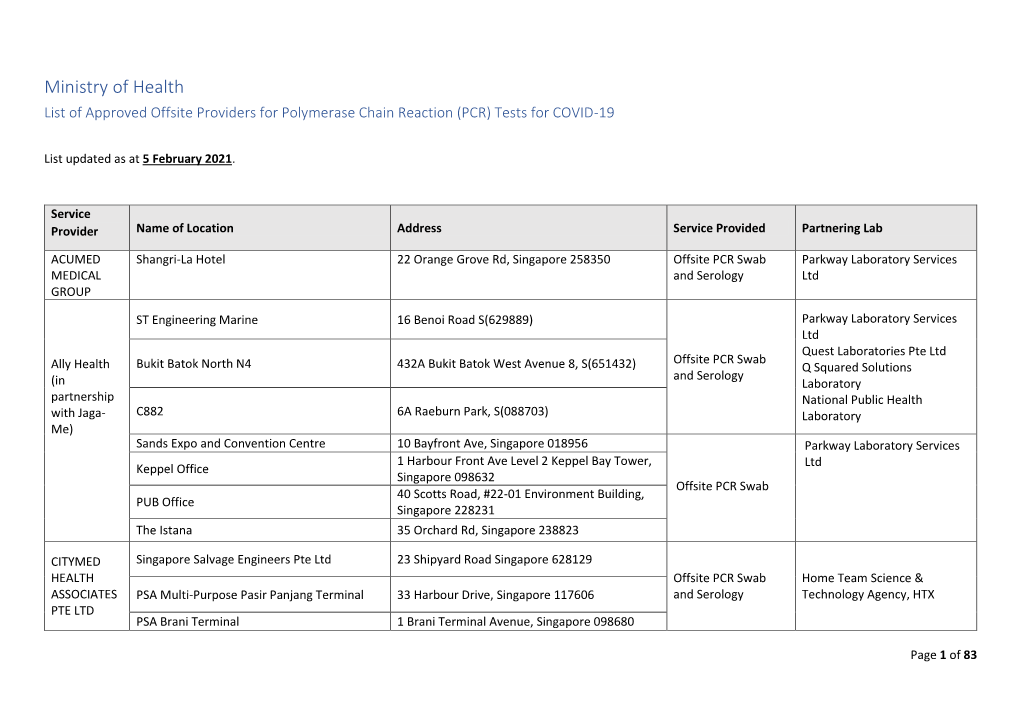 Ministry of Health List of Approved Offsite Providers for Polymerase Chain Reaction (PCR) Tests for COVID-19