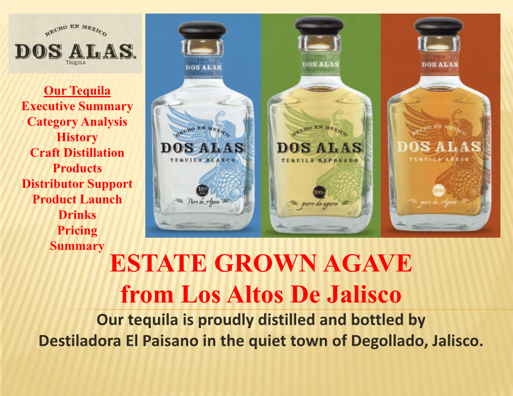 ESTATE GROWN AGAVE from Los Altos De Jalisco Our Tequila Is Proudly Distilled and Bottled by Destiladora El Paisano in the Quiet Town of Degollado, Jalisco