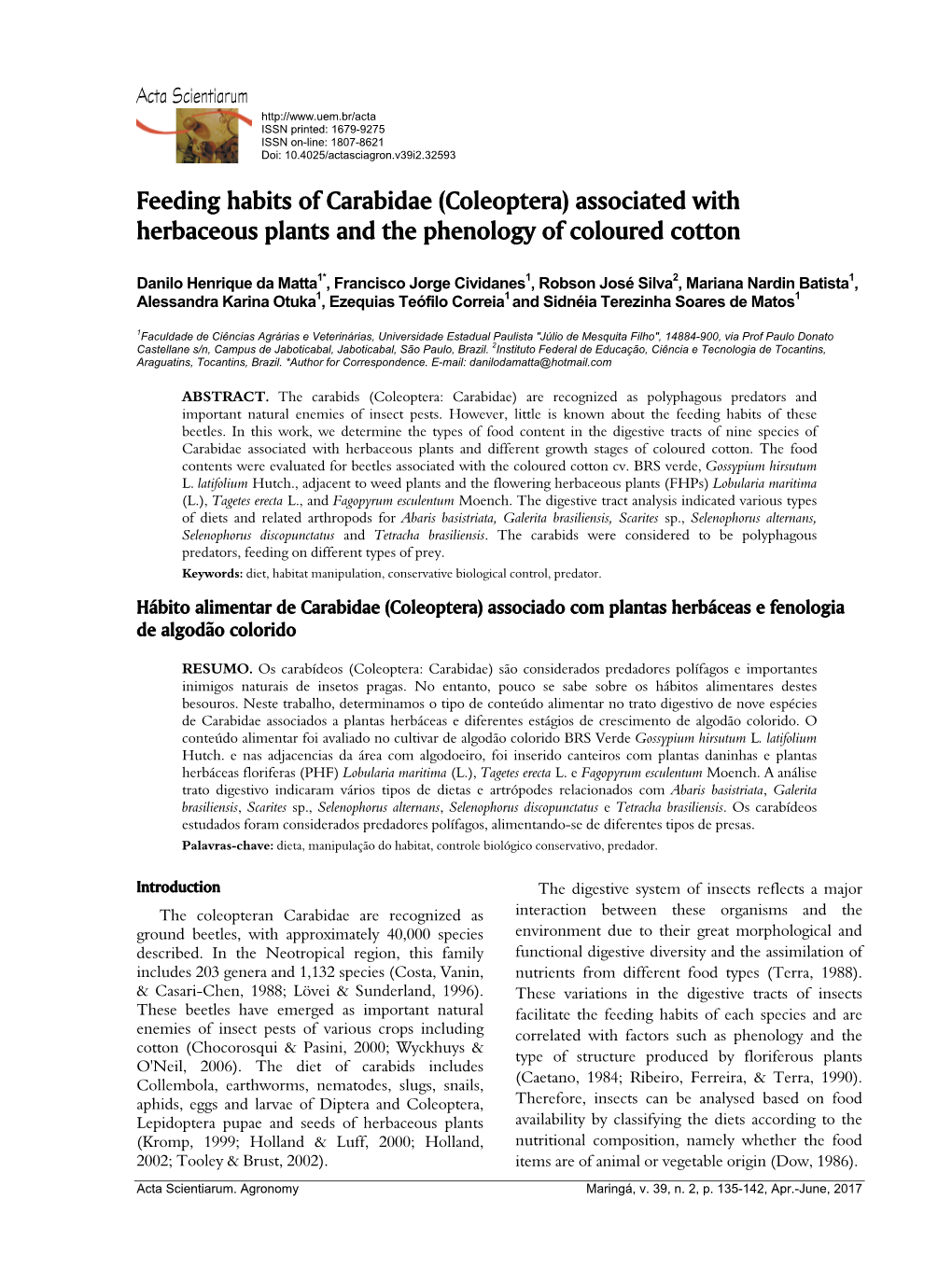 Feeding Habits of Carabidae (Coleoptera) Associated with Herbaceous Plants and the Phenology of Coloured Cotton