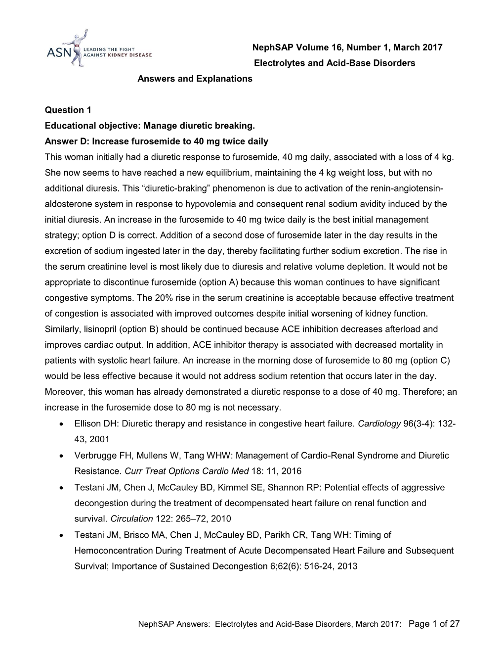 Nephsap Volume 16, Number 1, March 2017 Electrolytes and Acid-Base Disorders Answers and Explanations