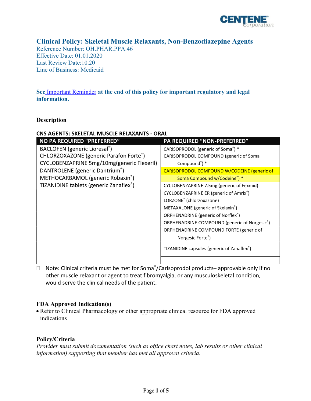 Skeletal Muscle Relaxants, Non-Benzodiazepine Agents Reference Number: OH.PHAR.PPA.46 Effective Date: 01.01.2020 Last Review Date:10.20 Line of Business: Medicaid