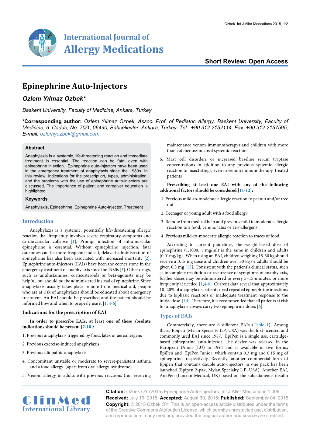 Epinephrine Auto-Injectors Ozlem Yılmaz Ozbek*