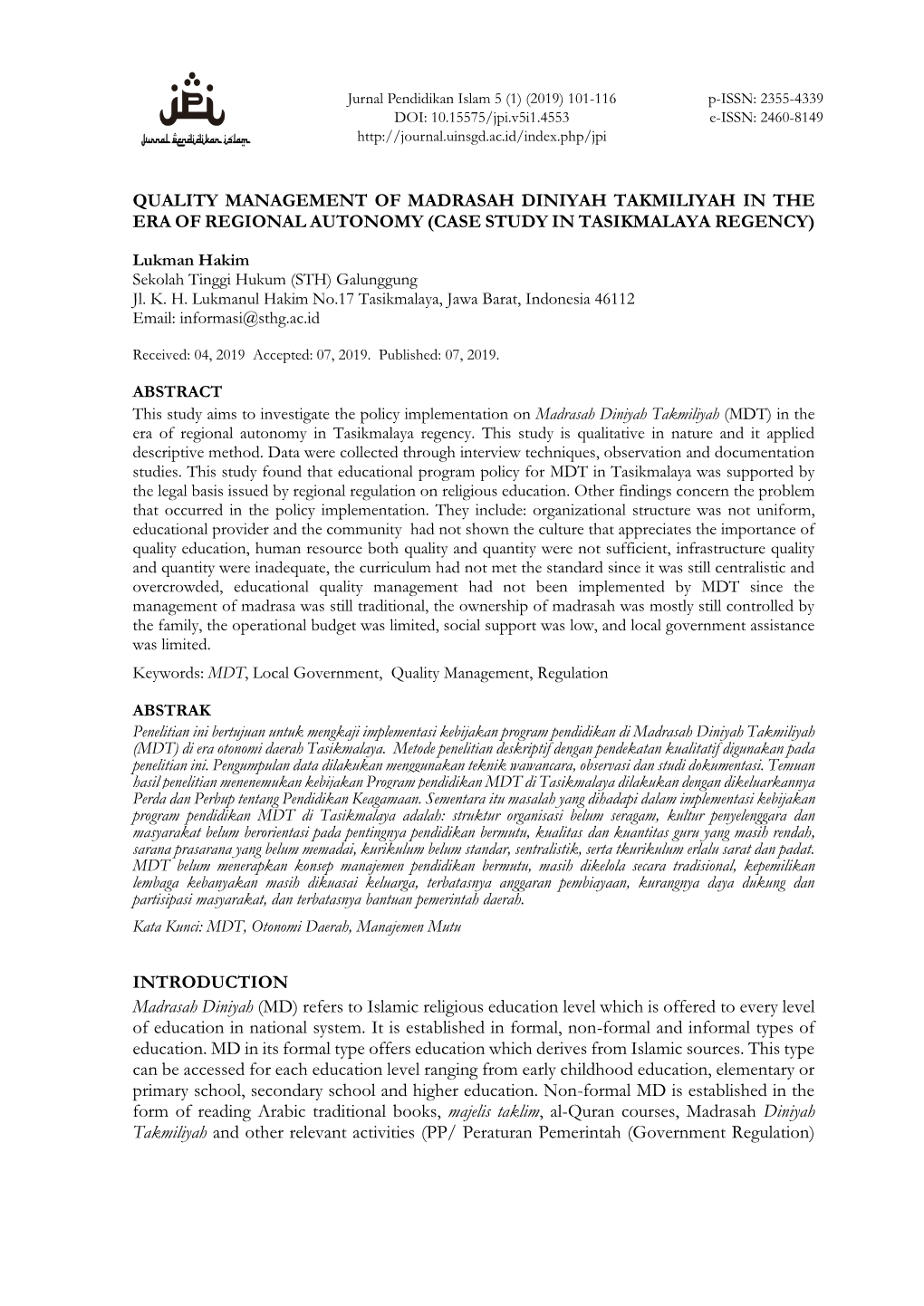 Quality Management of Madrasah Diniyah Takmiliyah in the Era of Regional Autonomy (Case Study in Tasikmalaya Regency)