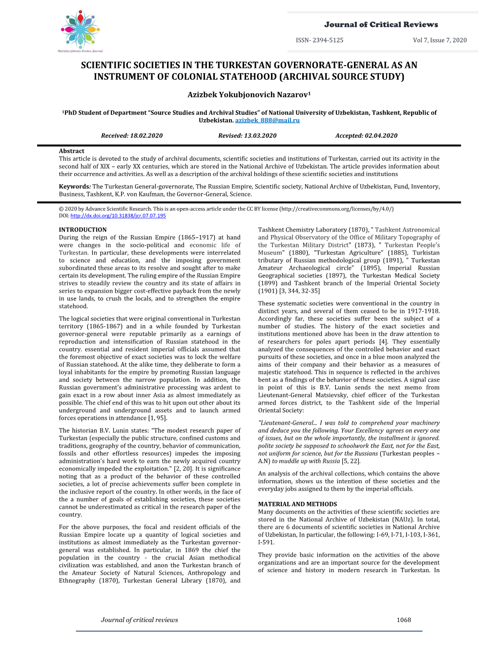 Scientific Societies in the Turkestan Governorate-General As an Instrument of Colonial Statehood (Archival Source Study)