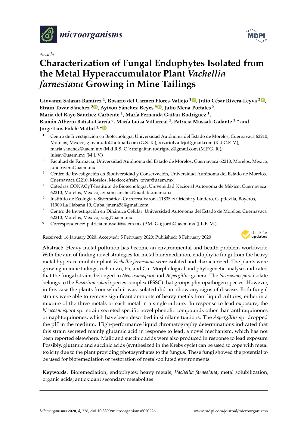 Characterization of Fungal Endophytes Isolated from the Metal Hyperaccumulator Plant Vachellia Farnesiana Growing in Mine Tailings