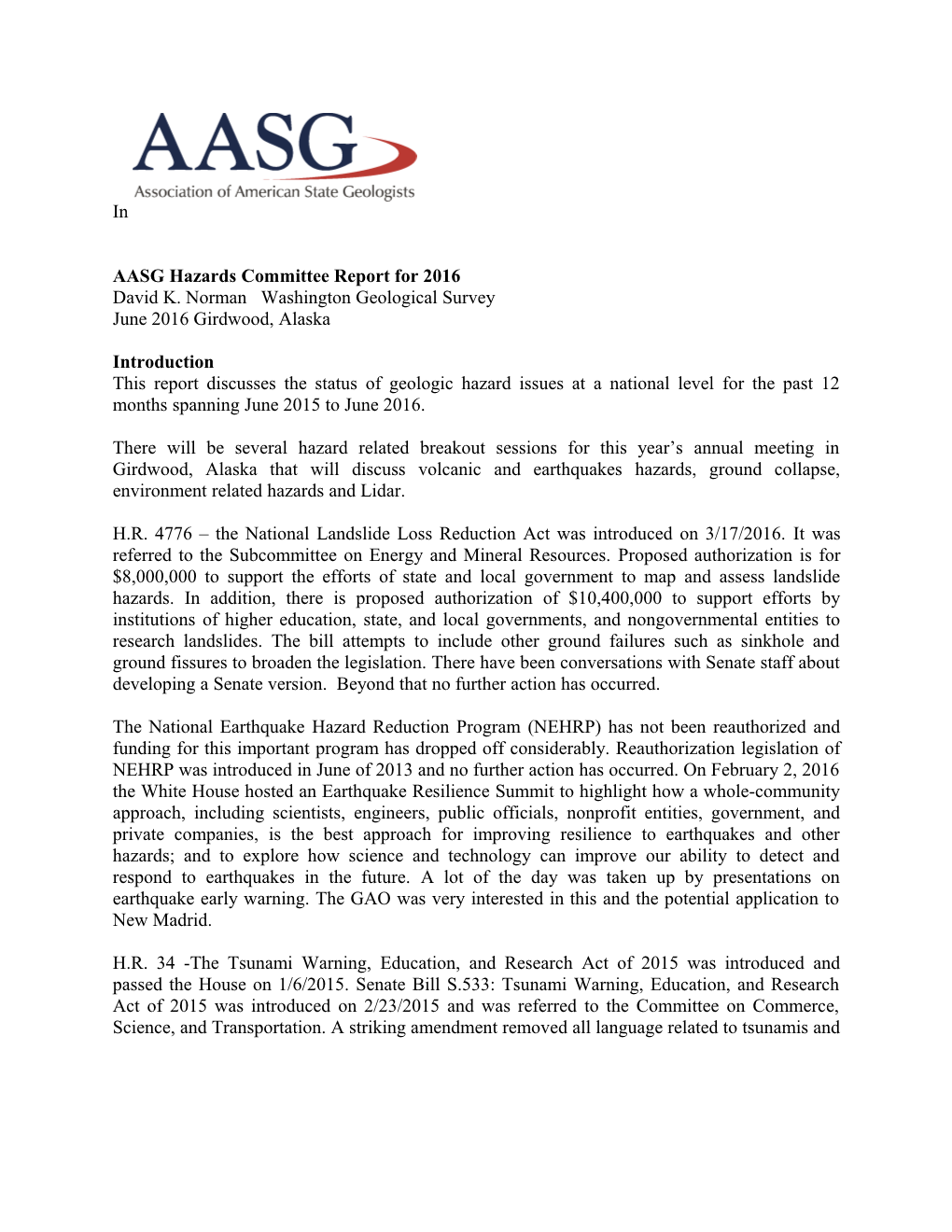 AASG Hazards Committee Report for 2016