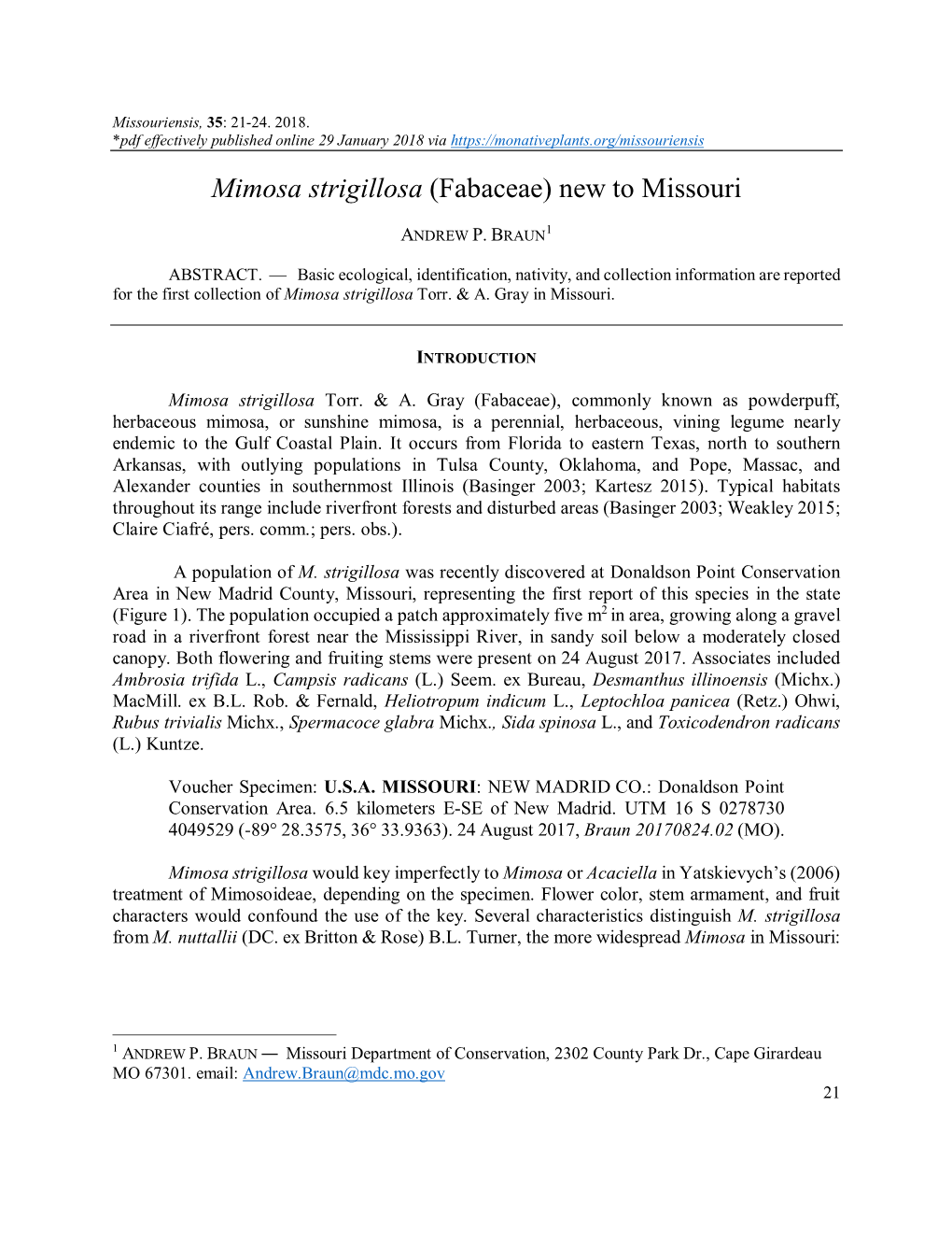 Mimosa Strigillosa (Fabaceae) New to Missouri