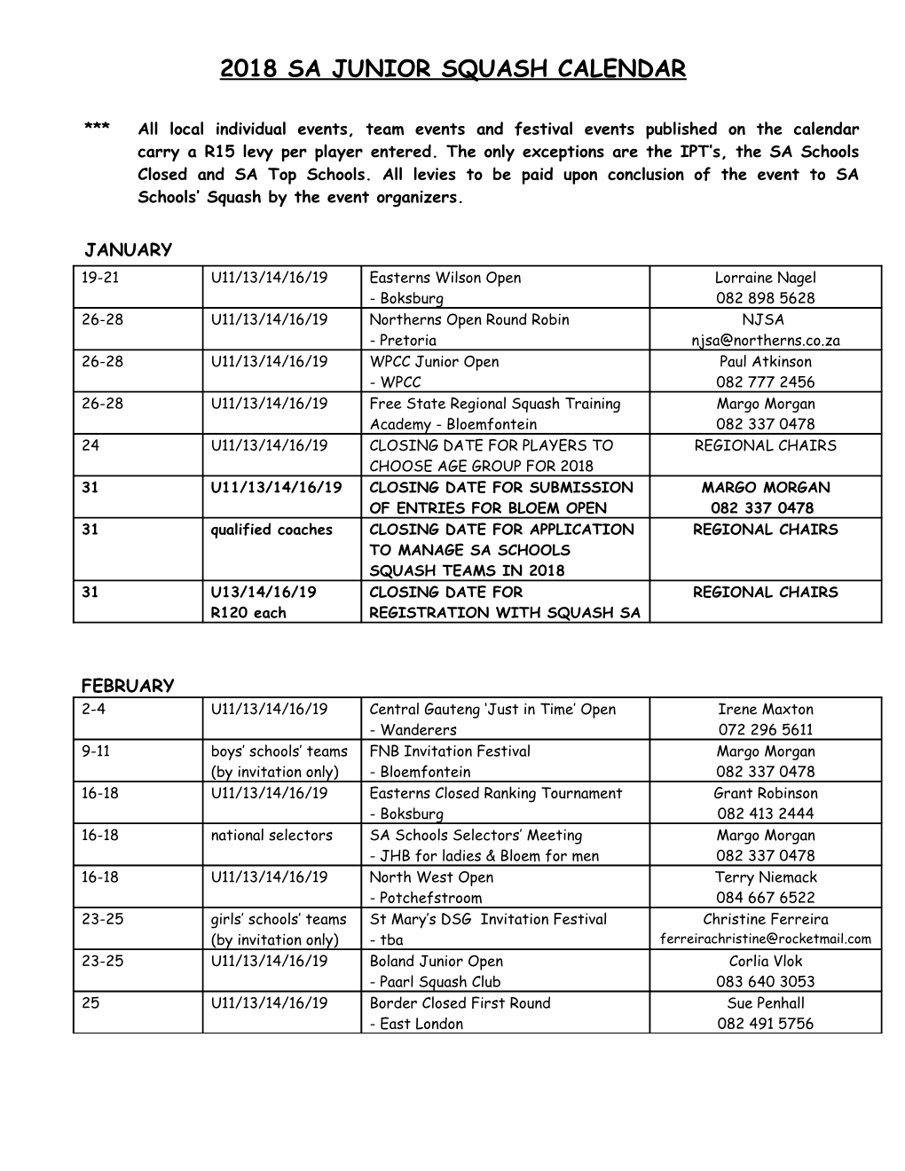 2018 Sa Junior Squash Calendar