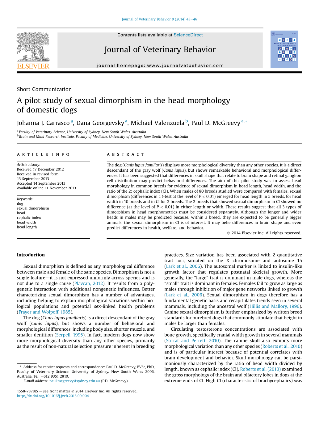 A Pilot Study of Sexual Dimorphism in the Head Morphology of Domestic Dogs