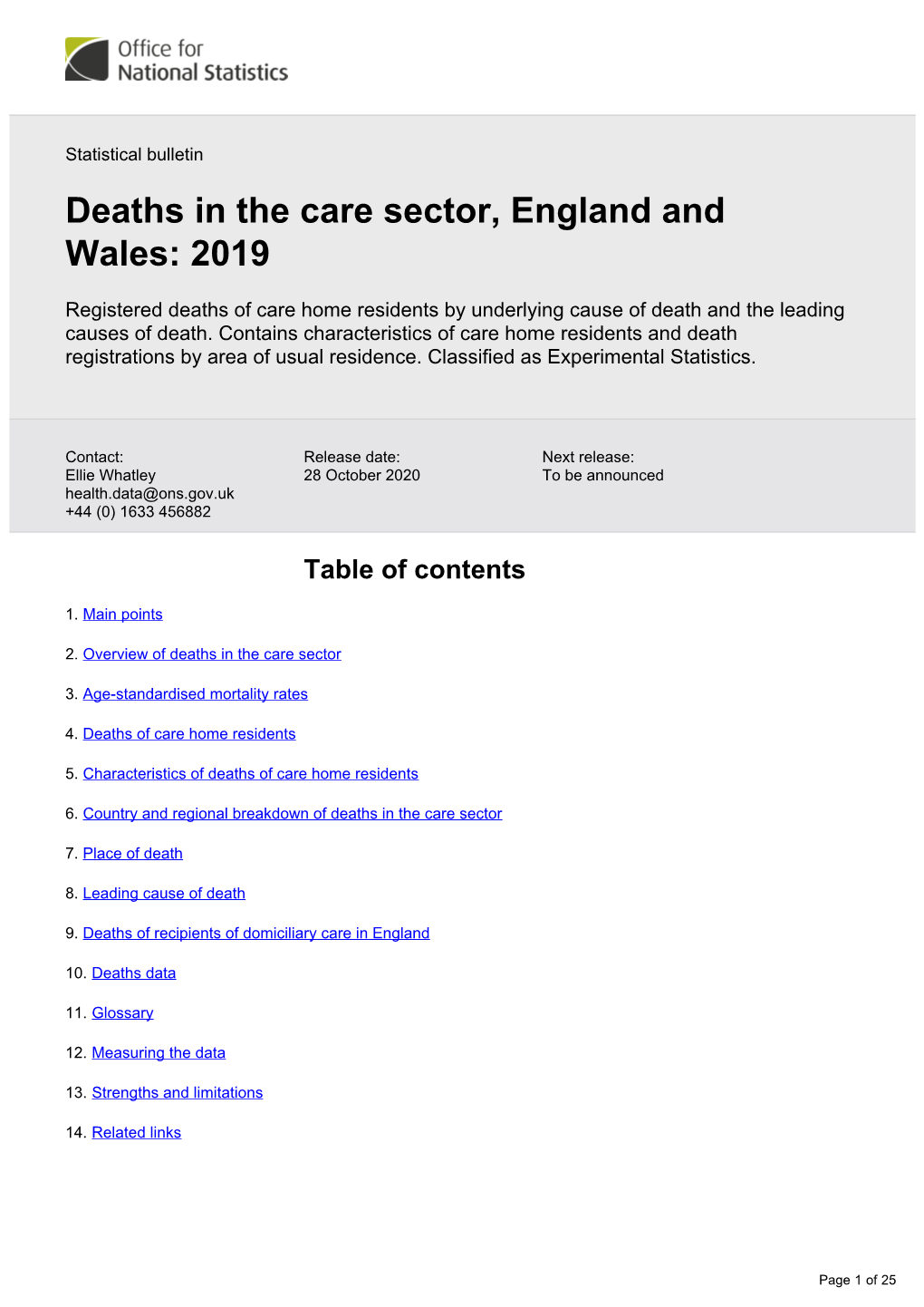 Deaths in the Care Sector, England and Wales: 2019