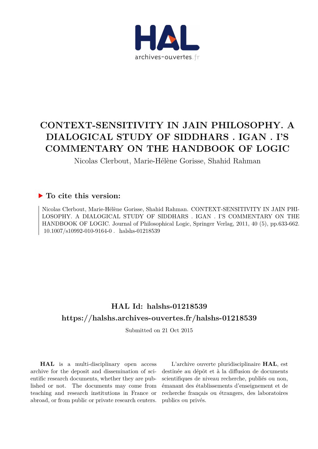 Context-Sensitivity in Jain Philosophy. a Dialogical Study of Siddhars