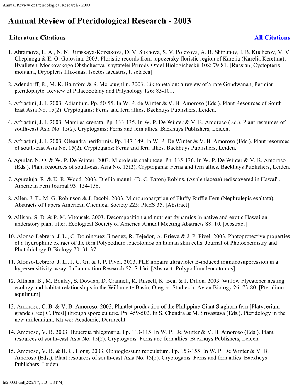 Annual Review of Pteridological Research - 2003