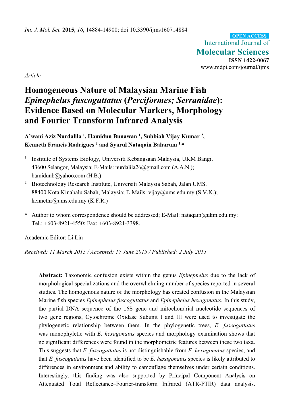 Homogeneous Nature of Malaysian Marine Fish Epinephelus