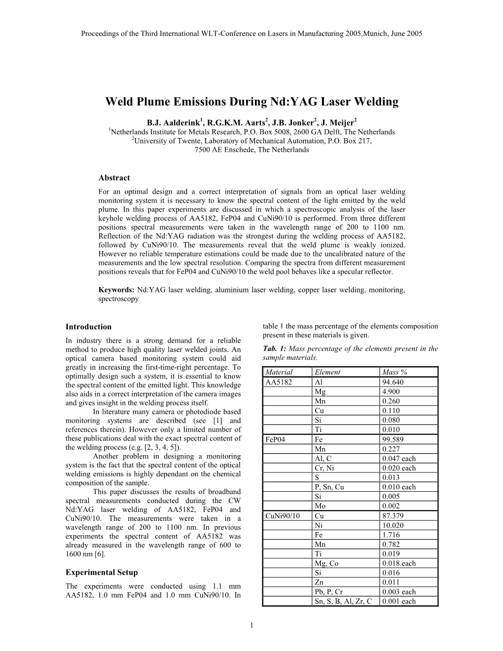 Weld Plume Emissions During Nd:YAG Laser Welding