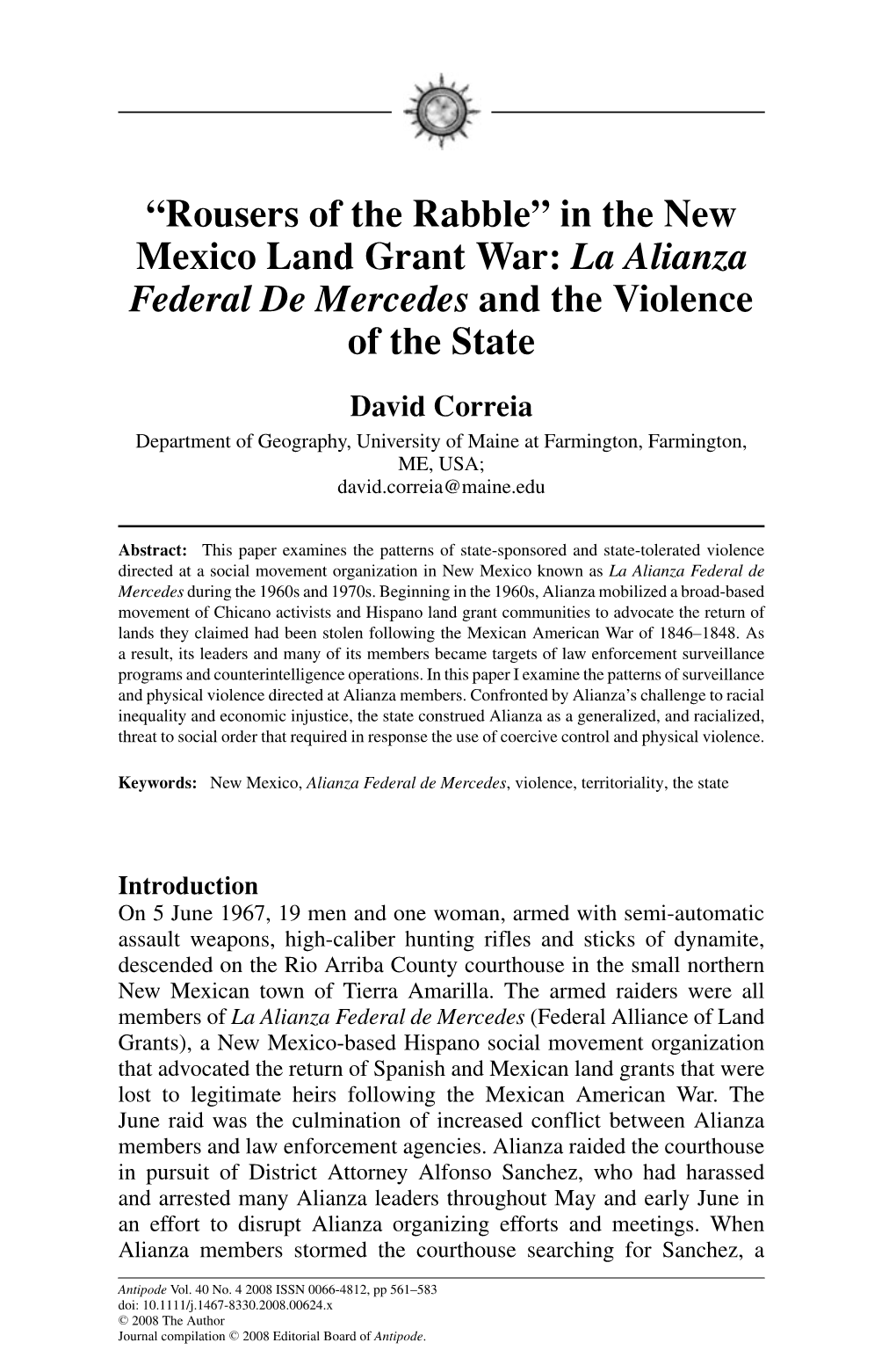 “Rousers of the Rabble” in the New Mexico Land Grant War: La Alianza Federal De Mercedes and the Violence of the State
