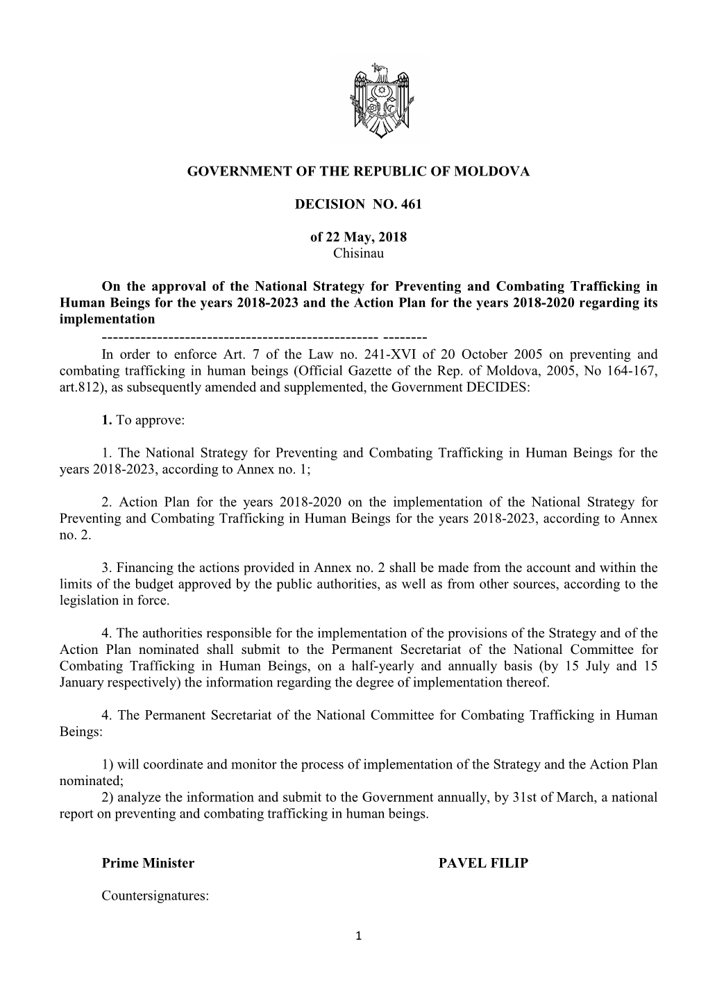 Government of the Republic of Moldova Decision No. 461