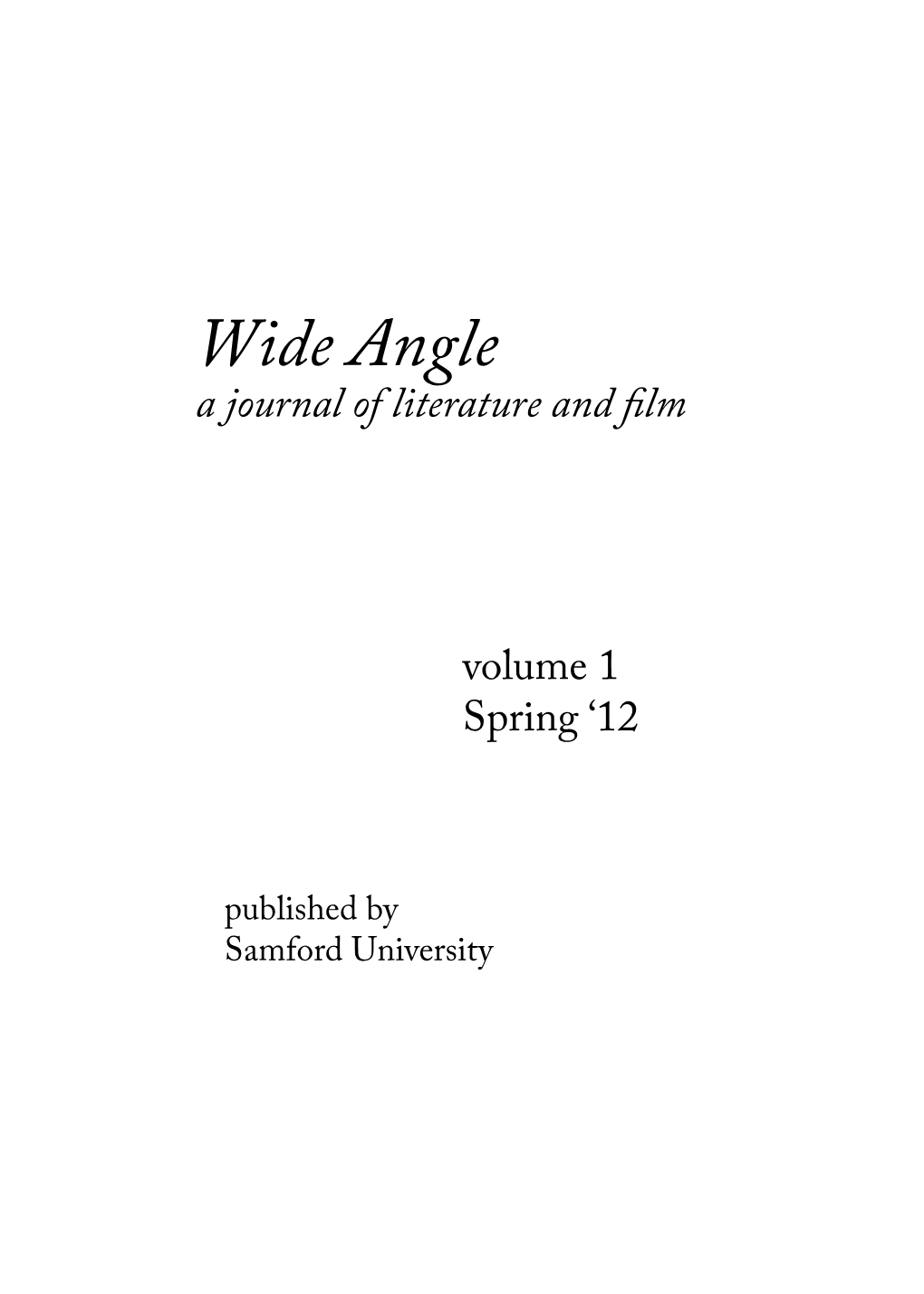 Wide Angle a Journal of Literature and Film