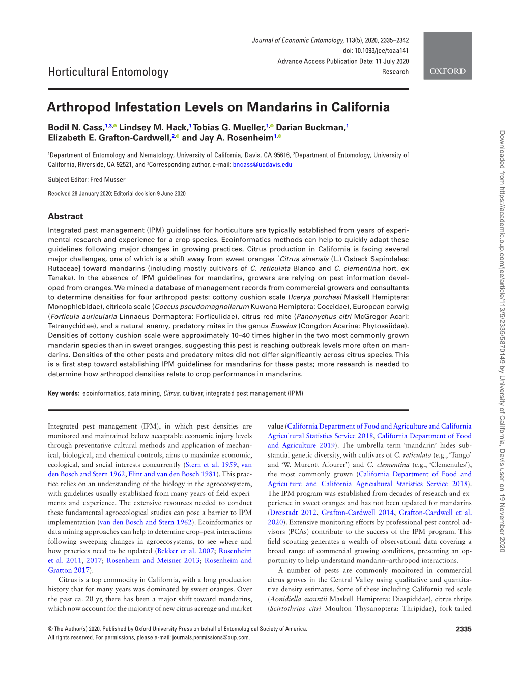 Arthropod Infestation Levels on Mandarins in California