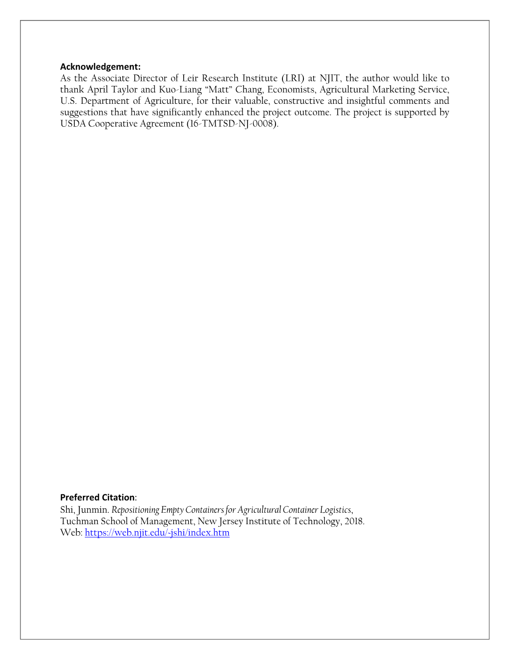 Repositioning Empty Containers for Agricultural Container Logistics, Tuchman School of Management, New Jersey Institute of Technology, 2018