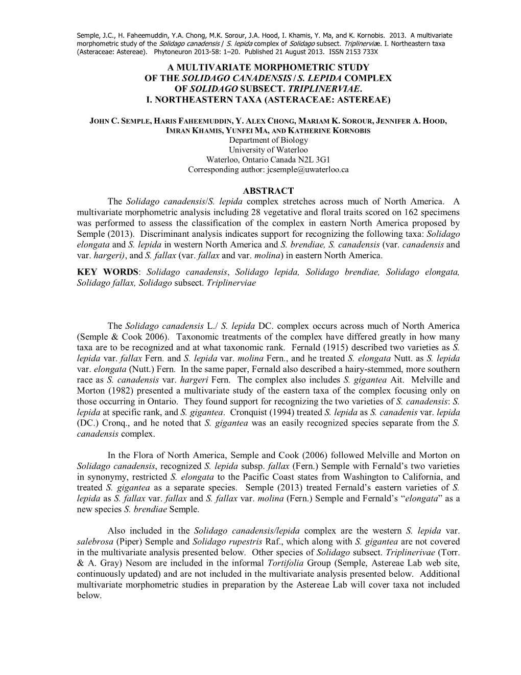 A Multivariate Morphometric Study of the Solidago Canadensis / S