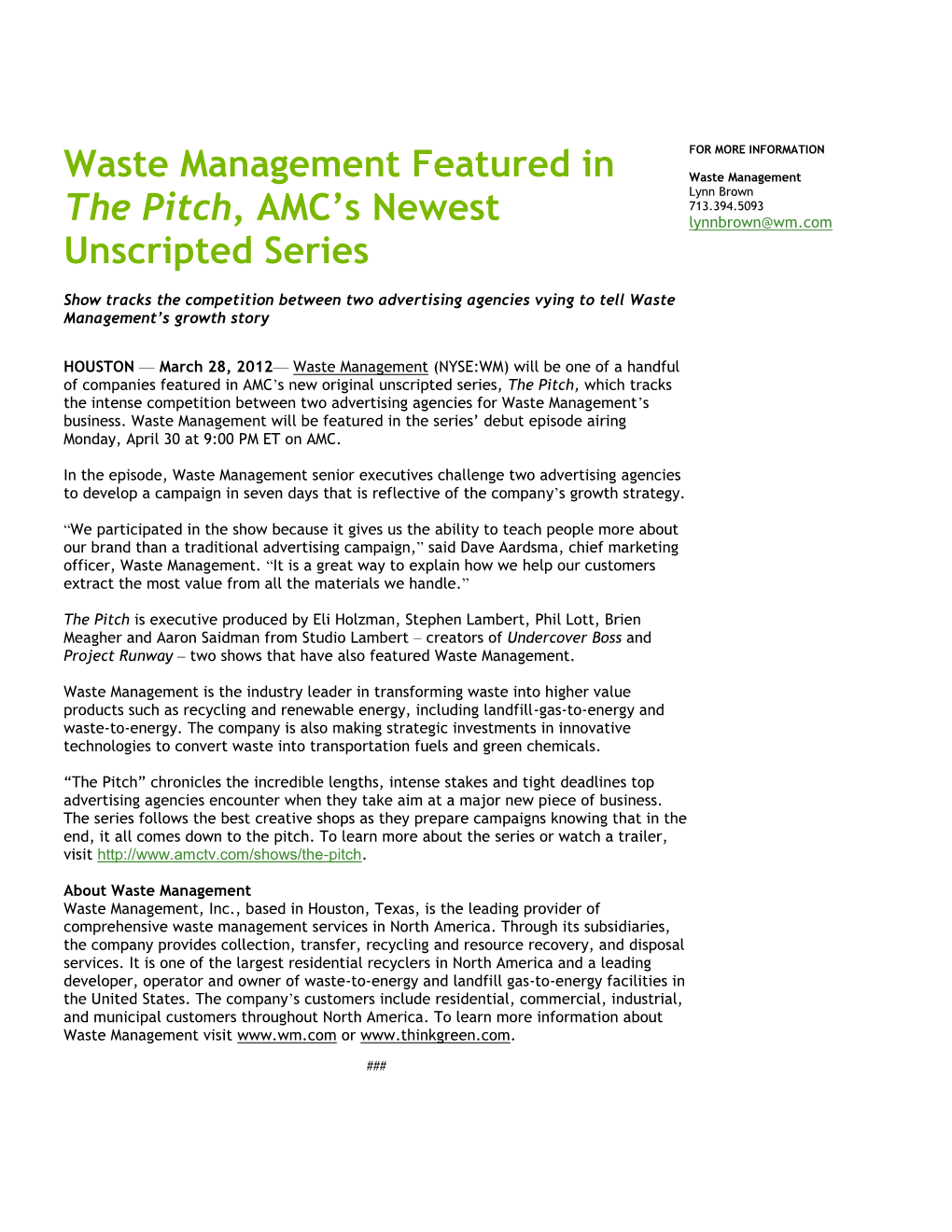 Waste Management Featured in the Pitch, AMC's Newest Unscripted