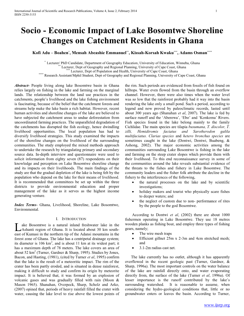 Economic Impact of Lake Bosomtwe Shoreline Changes on Catchment Residents in Ghana