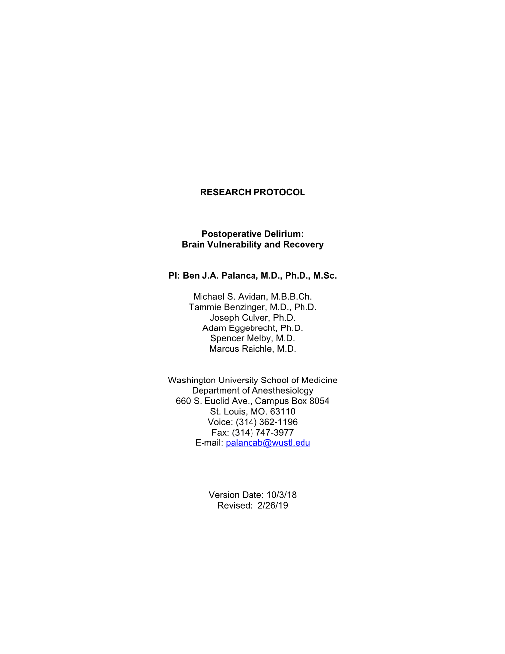 RESEARCH PROTOCOL Postoperative Delirium