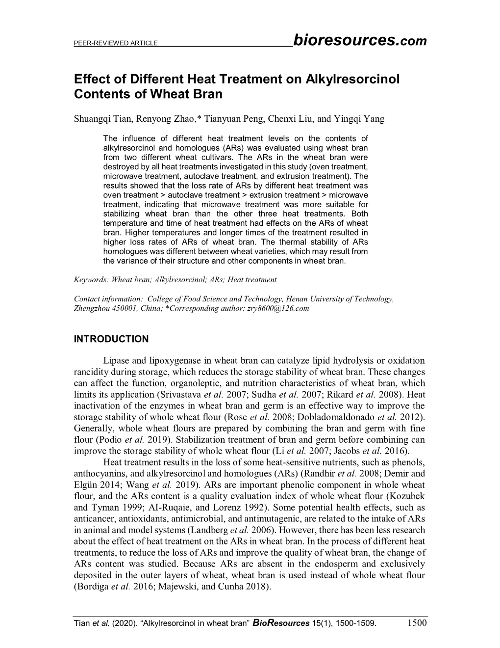 Effect of Different Heat Treatment on Alkylresorcinol Contents of Wheat Bran