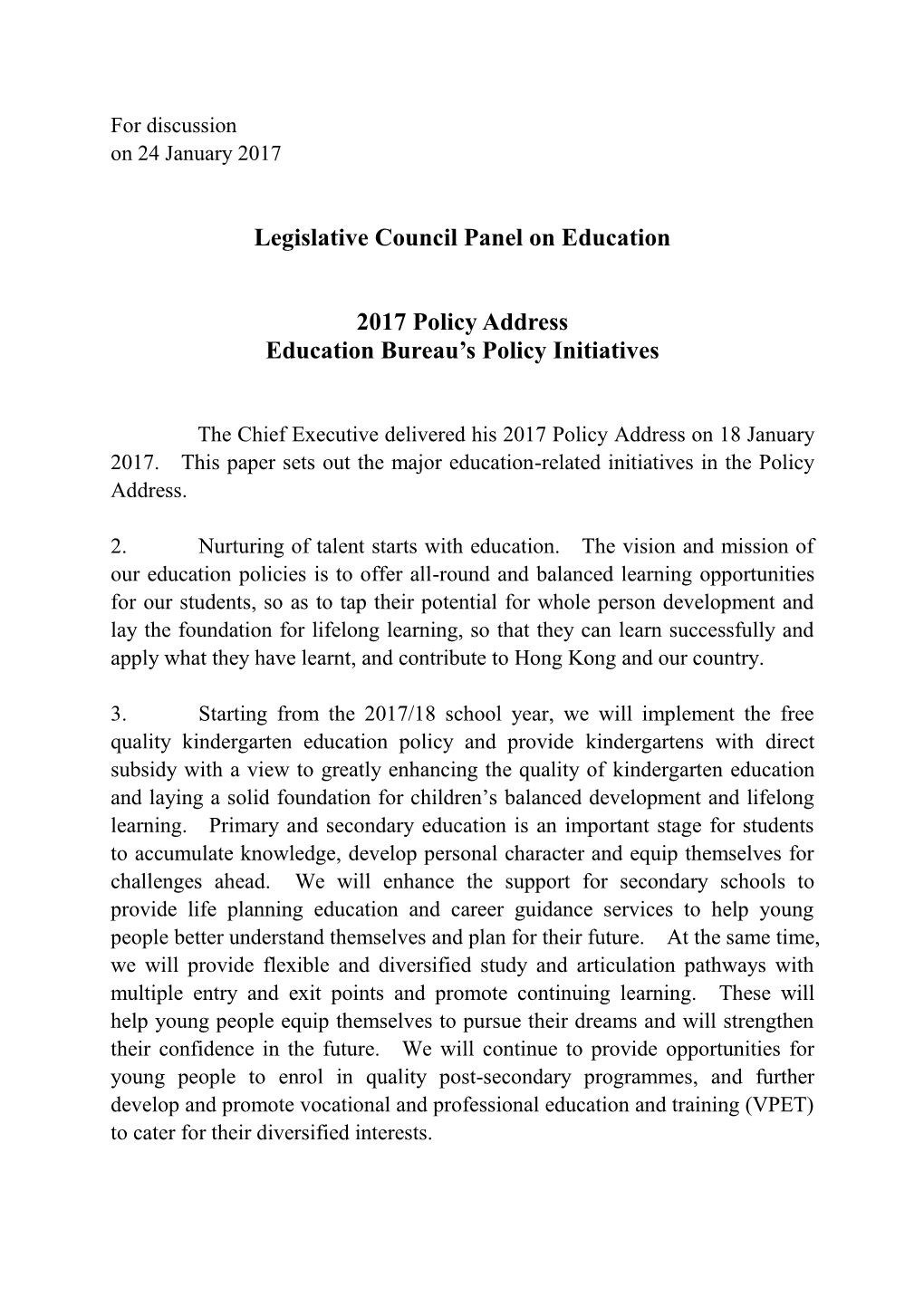 Legislative Council Panel on Education 2017 Policy Address