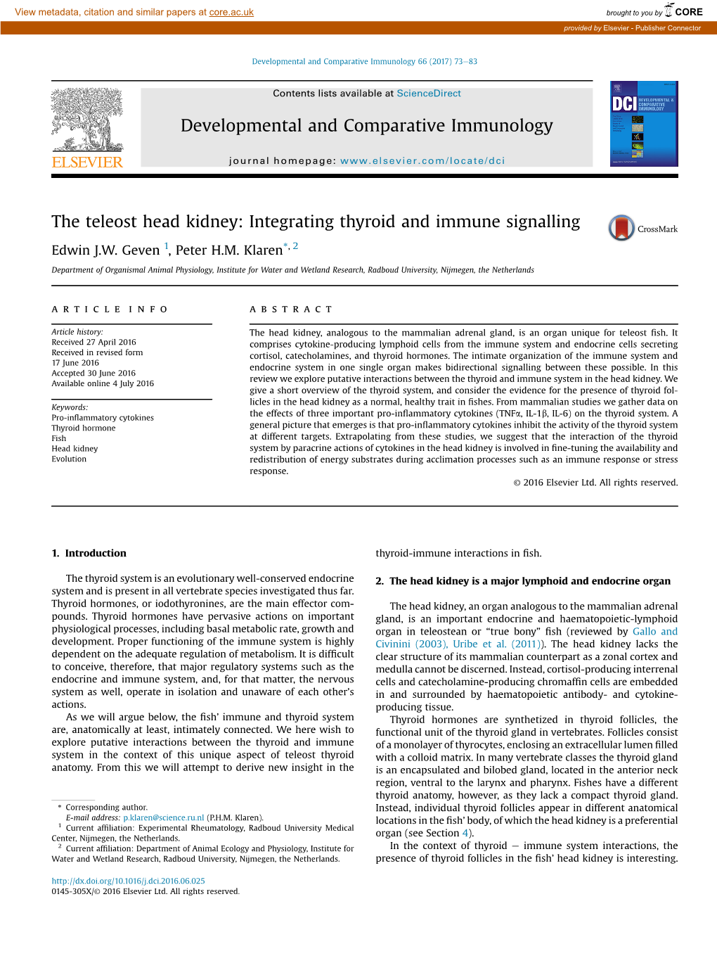 The Teleost Head Kidney: Integrating Thyroid and Immune Signalling