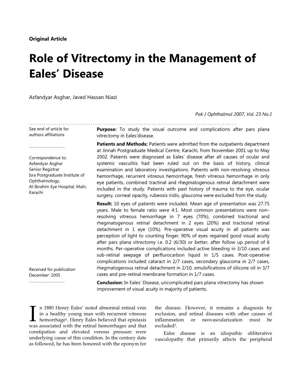 Role of Vitrectomy in the Management of Eales' Disease