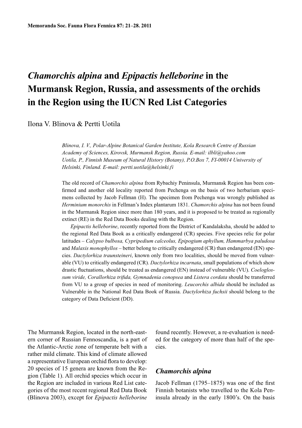 Chamorchis Alpina and Epipactis Helleborine in the Murmansk Region, Russia, and Assessments of the Orchids in the Region Using the IUCN Red List Categories